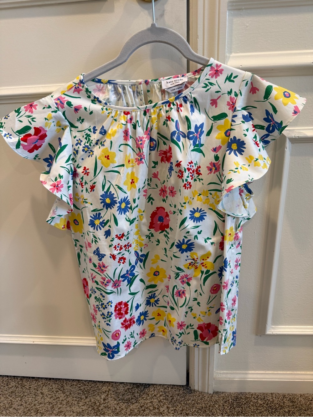 kate spade White Floral Ruffle Sleeve Top